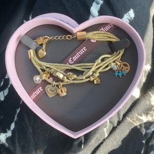 Juicy Couture Gold Thread Bracelet Peace, Hearts, Crown Charms